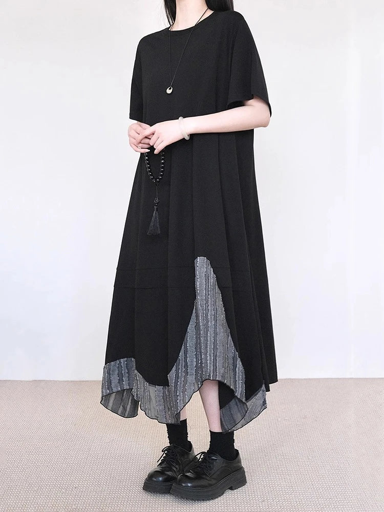 XITAO Irregular Patchwork Hem Dress Solid Color O-neck Slimming Women Summer Casual Temperament Short Sleeve Dress ZMY1399
