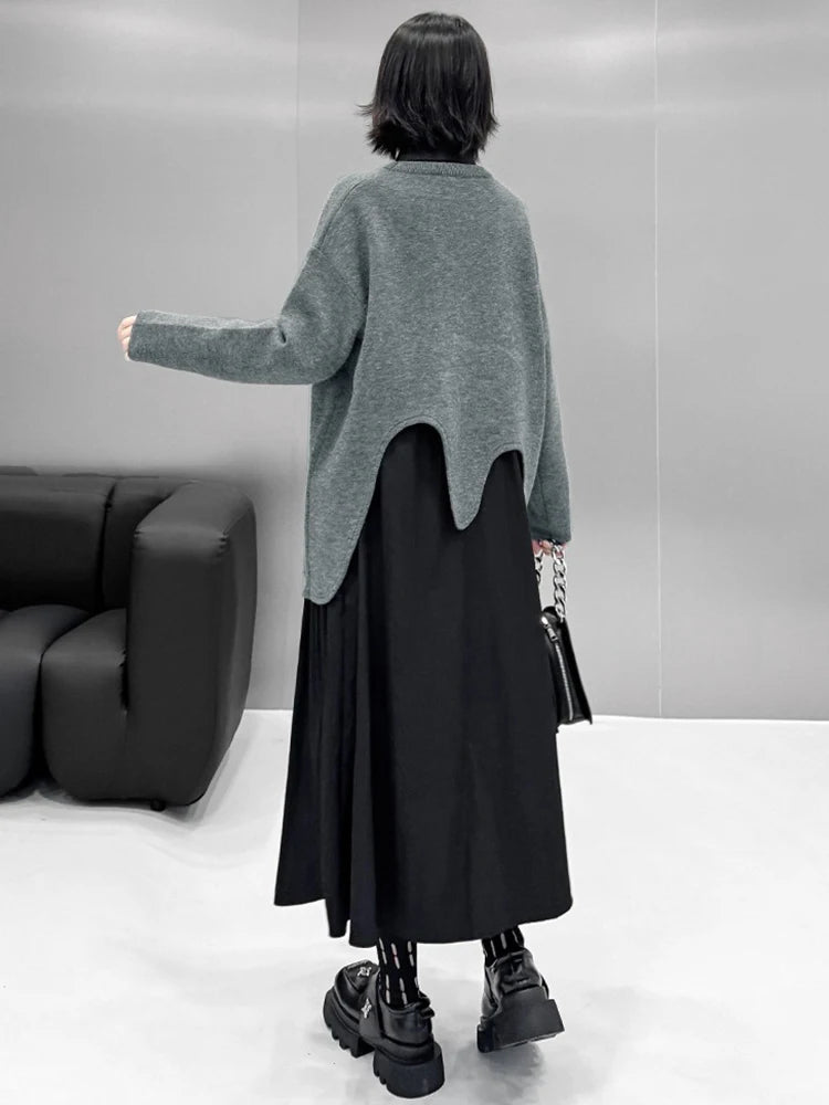 XITAO Loose Irregular O-neck Female Sweaters Solid Color Slimming All-match Women Casual Fashion Asymmetric Pullovers GMM1290