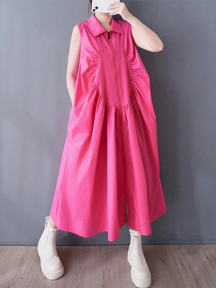 XITAO Zipper Pleated Lapel Dress Casual Sleeveless Solid Color Turn-down Collar A-line New Patchwork Summer Female Dress GYX1549