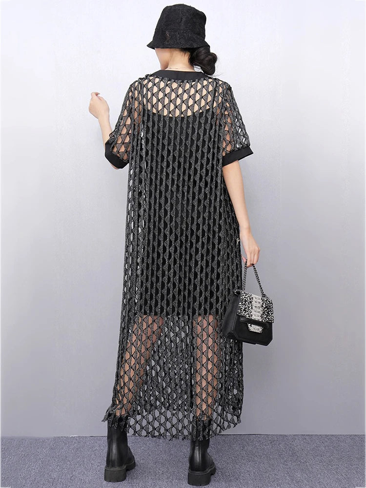 XITAO Hollow Out V-neck A-line Dress Short Sleeve Casual Loose Slimming All Match New Personality Summer Women Dress HQQ2467