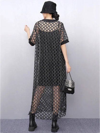 XITAO Hollow Out V-neck A-line Dress Short Sleeve Casual Loose Slimming All Match New Personality Summer Women Dress HQQ2467