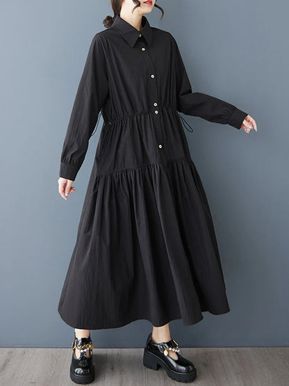 XITAO Single Breasted Pocket Dress Solid Color Turn-down Collar Patchwork Long Sleeve Loose Slimming Temperament Dress GYX1511