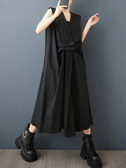 XITAO Solid Color Sleeveless Vintage Dress V-neck Irregular Single Breasted Loose Casual New Arrival Summer Woman Dress ZMY1384