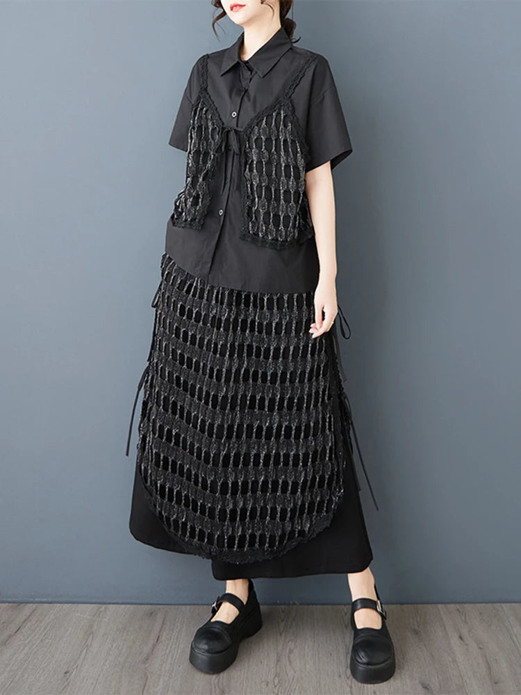 XITAO Patchwork Hollow Out Lapel Dress Set Casual Short Sleeve A-line Elastic Waist Korean Version Spring Women Set GYX1627