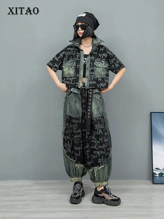 XITAO Letter Print Pocket Patchwork Pant Sets Single Breasted Turn-down Collar Half Sleeve Top Elastic Waist Loose Pant GYX1579