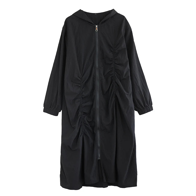 XITAO Zipper Hooded Pleated Dress Casual Full Sleeve Leisure Korea Literary Style Solid Color A-line Spring Women Dress ZY8936