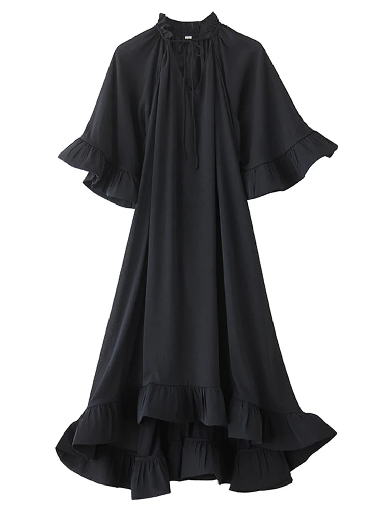 XITAO Drawstring Irregular Loose Dress V-neck Butterfly Sleeves Personality Slimming Solid Color Summer Woman Dress ZMY1387