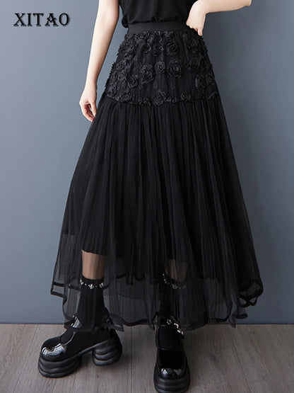 XITAO Three-dimensional Decoration Flower Gauze Skirt Elastic Waist Patchwork A-line Loose Slimming Temperament Skirt ZMY1066