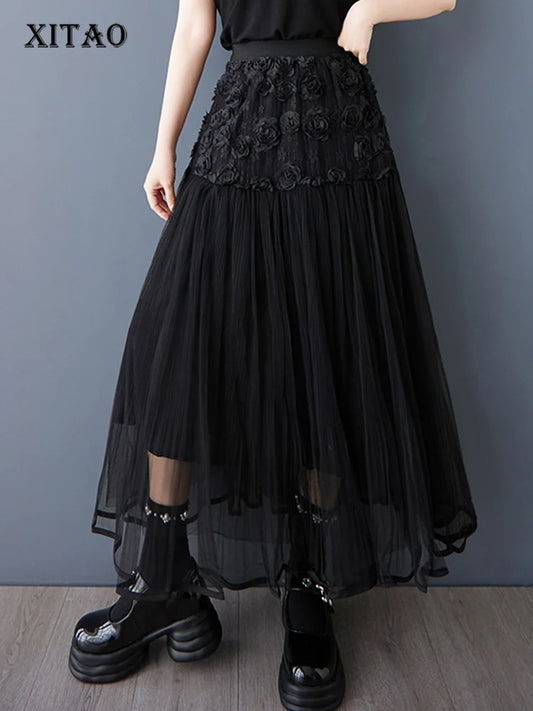 XITAO Three-dimensional Decoration Flower Gauze Skirt Elastic Waist Patchwork A-line Loose Slimming Temperament Skirt ZMY1066