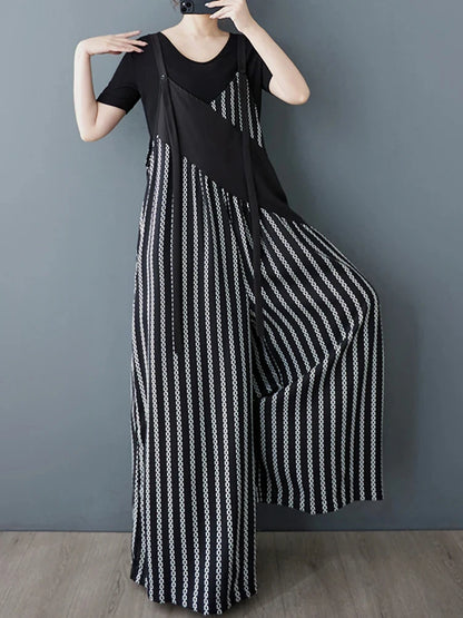 XITAO Contrast Color Patchwork Print Jumpsuits Lace-up V-neck Sleeveless Loose Personality Casual Wide Leg Pants GYX1622