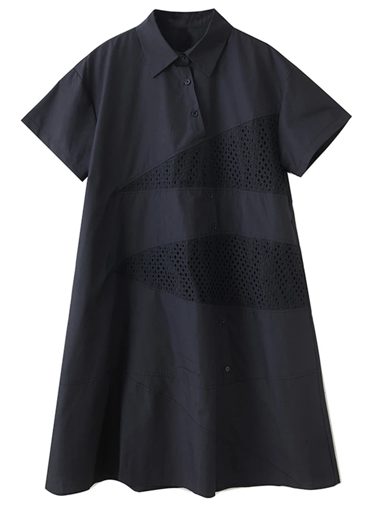 XITAO Patchwork Turn-down Collar Loose Dress Slimming Gauze Solid Color Short Sleeve Fashion Casual Summer Woman Dress HQQ2507