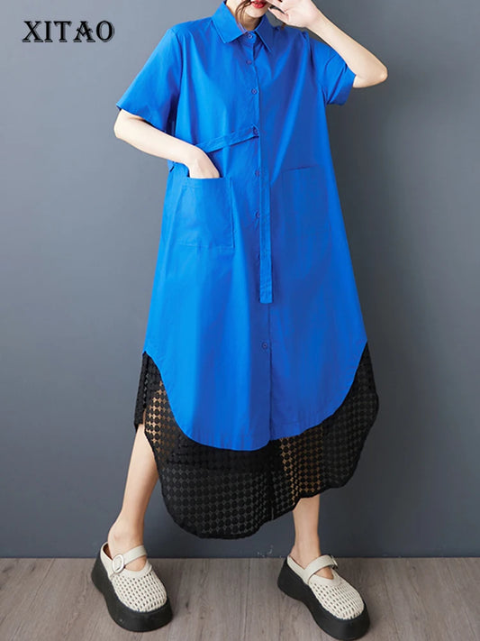 XITAO Loose Patchwork Mesh Dress Casual Slimming Single Breasted Women Summer Short Sleeve Turn-down Collar Dress ZMY1209