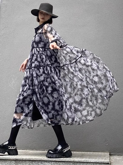 XITAO Mesh Patchwork Print Shirt Dress Loose Single Breasted Women Trend All-match Casual Summer Short Sleeve Dress ZMY1248