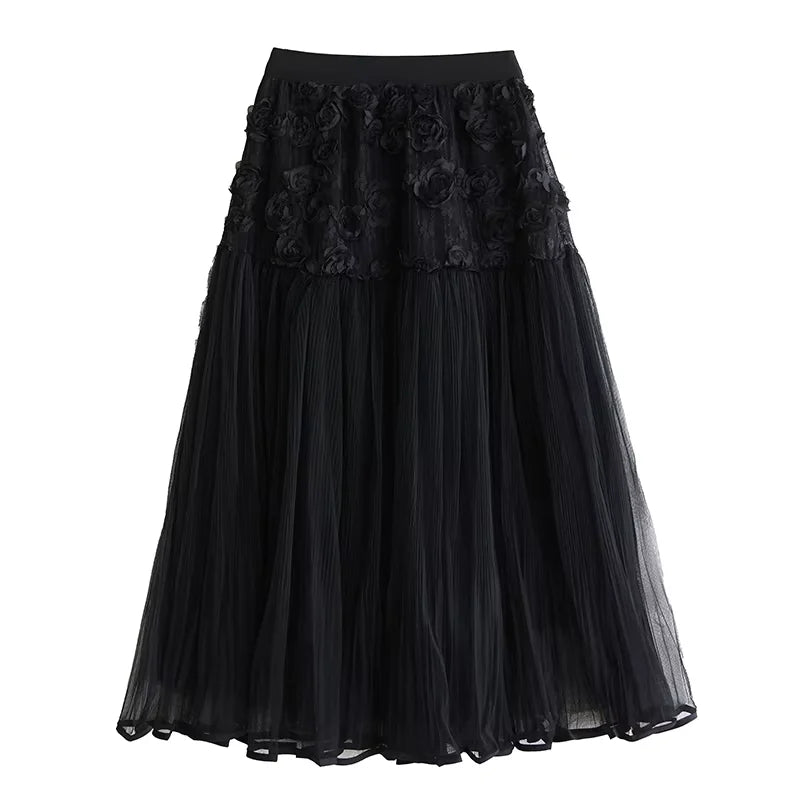 XITAO Flower Patchwork Lace Elastic Waist Skirt Casual A-line Fashion All Match Personality New Summer Female Skirt ZMY1142