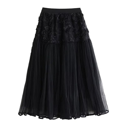 XITAO Flower Patchwork Lace Elastic Waist Skirt Casual A-line Fashion All Match Personality New Summer Female Skirt ZMY1142
