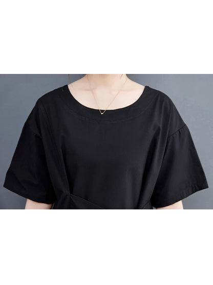 XITAO Folds Patchwork O-neck Dress Simple Solid Color Casual Irregular Short Sleeve Women Temperament Slimming Dress ZMY1062