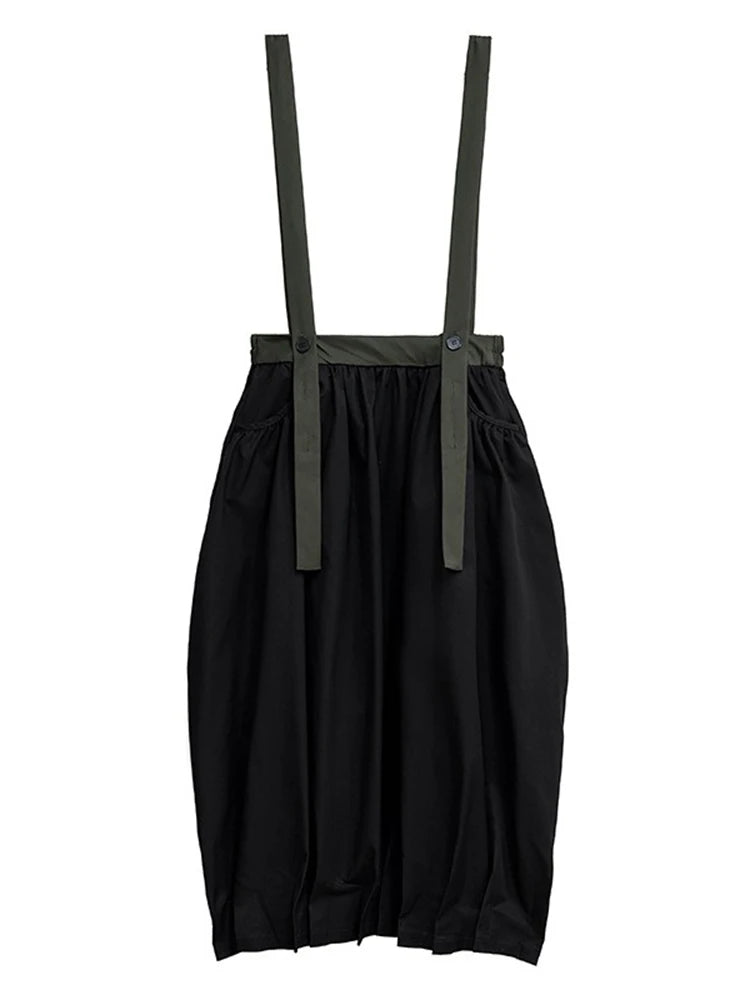 XITAO Straps Pleated Contrast Color Skirt Casual Loose Fitting A-line Elastic Waist Leisure Summer Female Skirt GYX1540