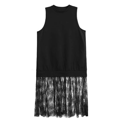 XITAO Mesh Patchwork O-neck Female Dress Simple Temperament Sleeveless Women Summer Fashion Solid Color Slimming Dress ZMY1165