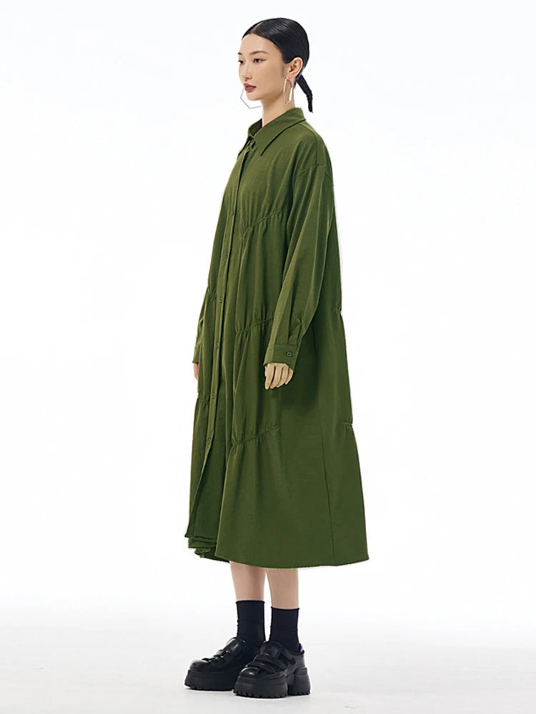 XITAO Fold Patchwork Solid Color Women Dress Turn-down Collar Pocket Loose Slimming A-line Mid-calf Shirt Dress XITAO HQQ2448