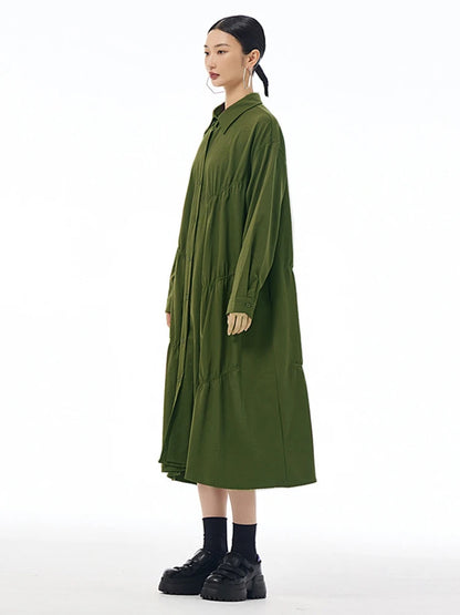 XITAO Fold Patchwork Solid Color Women Dress Turn-down Collar Pocket Loose Slimming A-line Mid-calf Shirt Dress XITAO HQQ2448