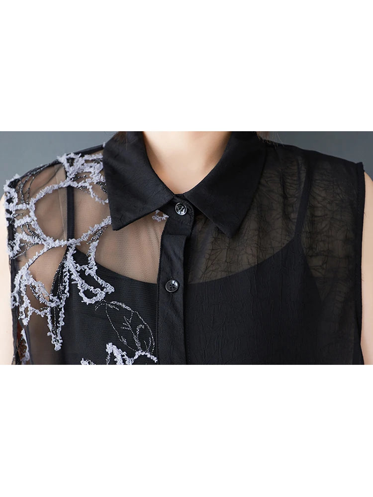 XITAO Embroidery Patchwork Irregular Sets Gauze Sleeveless Turn-down Collar Elastic Waist Temperament Elegant Woman Sets ZMY1267