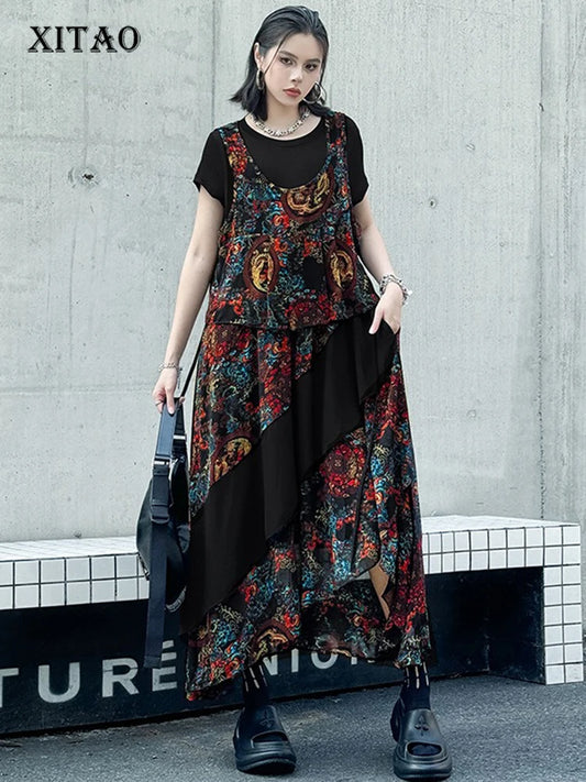 XITAO Contrast Color Print Flower Dress Casual Loose Fitting O-neck Vintage Long Style Short Sleeve Women Dress GYX1554