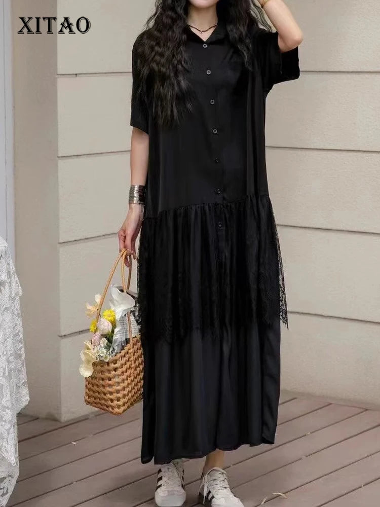 XITAO Patchwork Lace Pleated Women Dress Casual Loose Fitting A-line Simple Fashion Single Breasted Summer Women Dress ZMY1251