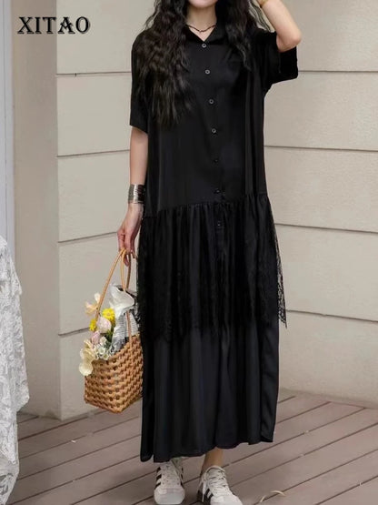 XITAO Patchwork Lace Pleated Women Dress Casual Loose Fitting A-line Simple Fashion Single Breasted Summer Women Dress ZMY1251