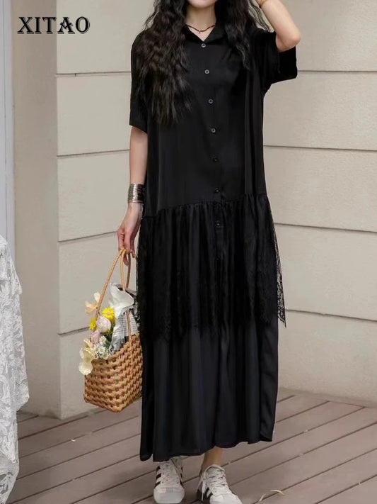 XITAO Patchwork Lace Pleated Women Dress Casual Loose Fitting A-line Simple Fashion Single Breasted Summer Women Dress ZMY1251