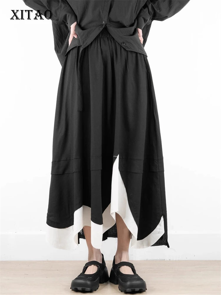 XITAO Contrast Color Asymmetrical Pocket Skirt Elastic Waist Patchwork A-line Loose Mid-calf Slimming Personality Skirt HQQ2444