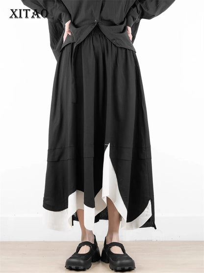 XITAO Contrast Color Asymmetrical Pocket Skirt Elastic Waist Patchwork A-line Loose Mid-calf Slimming Personality Skirt HQQ2444