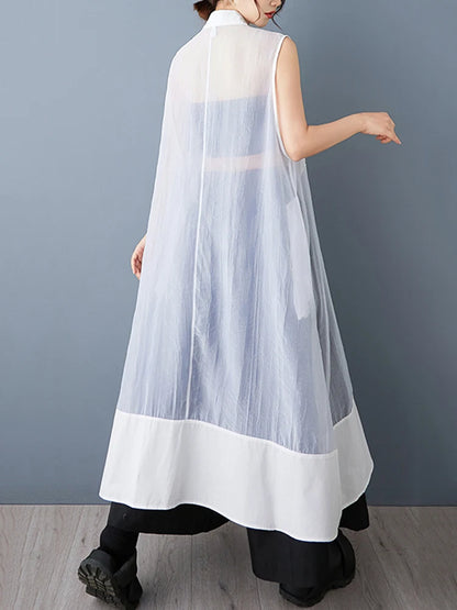 XITAO Rhombus Gauze Patchwork Sleeveless Dress Solid Color Turn-down Collar Single Breasted Loose Perspective Dress ZY8941