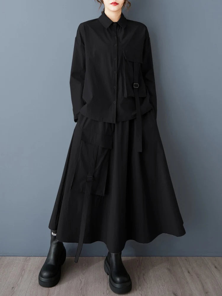 XITAO Single Breasted Pocket Full Sleeve Matching Set Casual Solid Color Elastic Waist Turn-down Collar Female Dress Set GYX1543