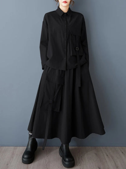 XITAO Single Breasted Pocket Full Sleeve Matching Set Casual Solid Color Elastic Waist Turn-down Collar Female Dress Set GYX1543
