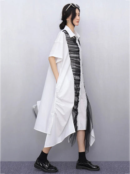 XITAO Irregular Patchwork Lace Mesh Female Dress Contract Color Loose Sweet Pleated Short Sleeve Summer Women Dress GYX1644