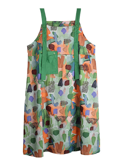 XITAO Print Pocket Sleeveless Dress Straps A-line Contrast Color Casual Loose Fitting All Match New Summer Women Dress HQQ2473