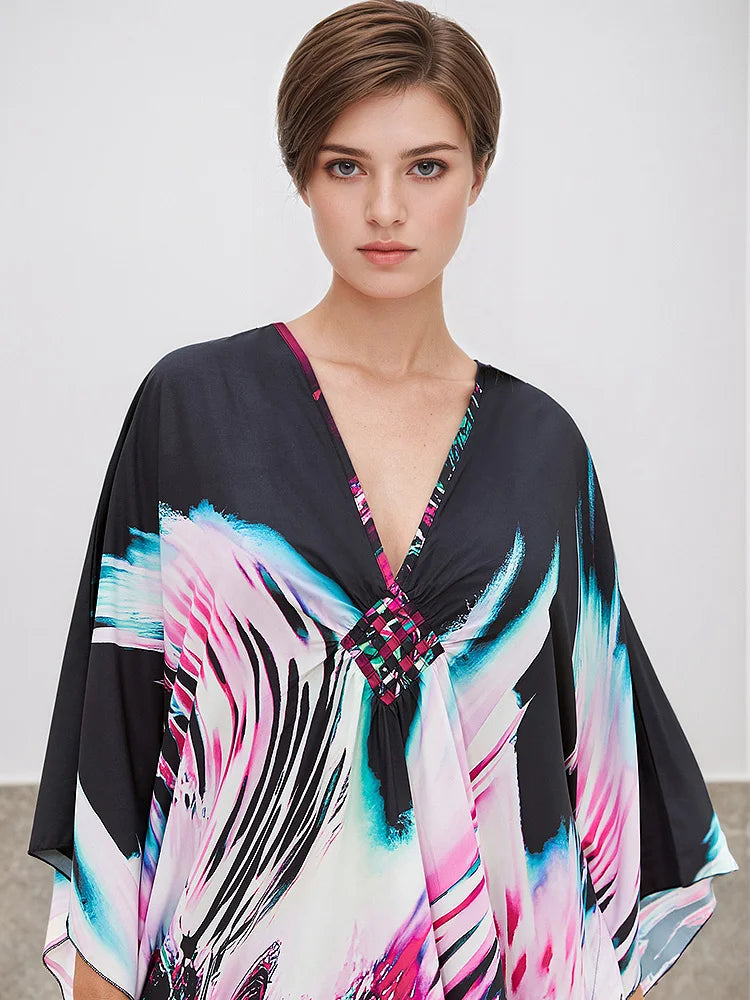XITAO Print Pullover V-neck Dress Bat Wing Sleeve Vintage Temperament New Arrival Fashion Irregular Summer Woman Dress GJ1203