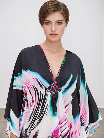 XITAO Print Pullover V-neck Dress Bat Wing Sleeve Vintage Temperament New Arrival Fashion Irregular Summer Woman Dress GJ1203