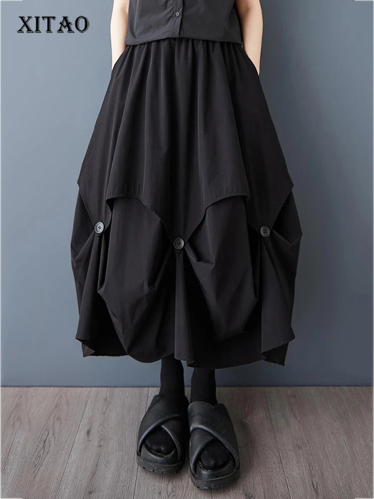 XITAO Patchwork Bud Button Elastic Waist Skirt Casual Loose Fitting A-line Personality Solid Color Summer Women Skirt  ZMY1070