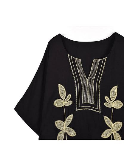 XITAO Embroidery Half Sleeve Loose Female Dress Pullover V-neck Contrast Color Casual Personality Slimming Woman Dress GJ1201
