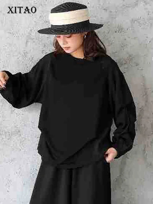 XITAO Solid Color Casual O-neck Full Sleeve Tops Vintage Fold Classic Style Trendy Fashion Autumn Women T-Shirt GMM1082