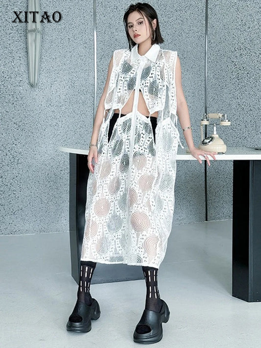 XITAO Lace Patchwork Sleeveless Dress Casual A-line Hollow Out Solid Color New Personality Turn-down Collar Women Dress GYX1661