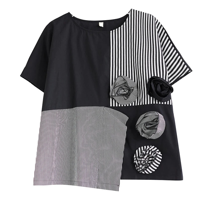 XITAO Asymmetrical T-shirt Contrast Color Striped Patchwork Three-dimensional Flower Decoration Women Summer New Top ZY8814