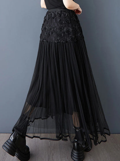 XITAO Three-dimensional Decoration Flower Gauze Skirt Elastic Waist Patchwork A-line Loose Slimming Temperament Skirt ZMY1066