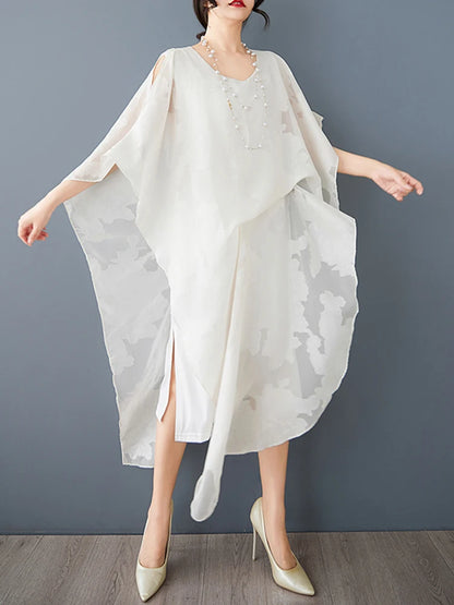 XITAO Asymmetrical Side Split Hollow Out Fold Women Dress Gauze Patchwork O-neck Pullover Loose Mid-calf Casual Dress ZMY1048