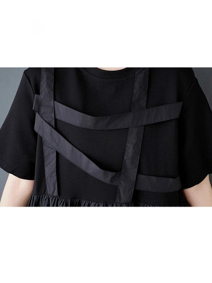 XITAO Asymmetric Pleated Patchwork O-neck Dress Casual Loose Fitting A-line Short Sleeve Thin Pullover Women Dress ZMY1044