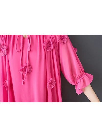 XITAO Three-dimensional Decoration Flower Dress O-neck Bandage Patchwork Solid Color Temperament Slim All Match Dress ZMY1356