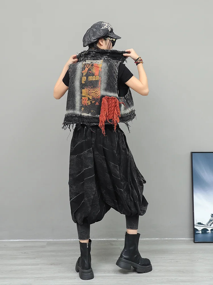 XITAO Personalized Trendy Vintage Denim Sets Short Vest Small Leg Lantern Pants Women's Autumn Loose and Stylish Set GJ1215