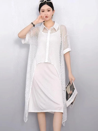 XITAO Asymmetrical Single Breasted Dress Casual A-line Loose Fitting Slimming Hollow Out Half Sleeve Summer Female Dress GYX1662