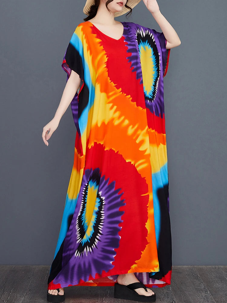 XITAO Female Print Batwing Sleeve Dress Casual Loose Fitting A-line Half Sleeve Simple V-neck Europe Summer Women Dress GYX1516